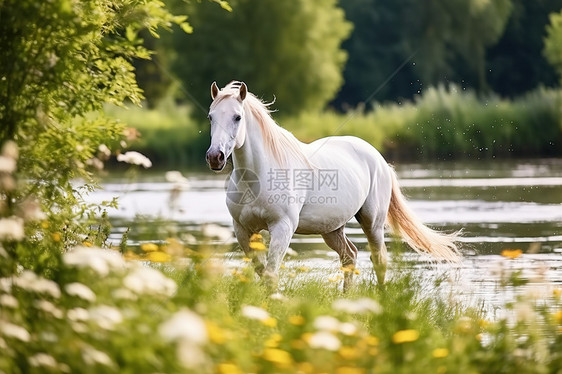 白马在河边的草地上奔跑溅起水花图片