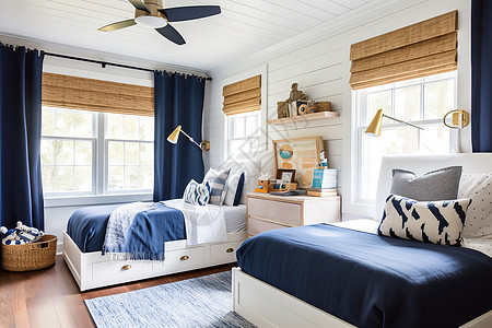白色和海军蓝的海岸主题儿童卧室图片