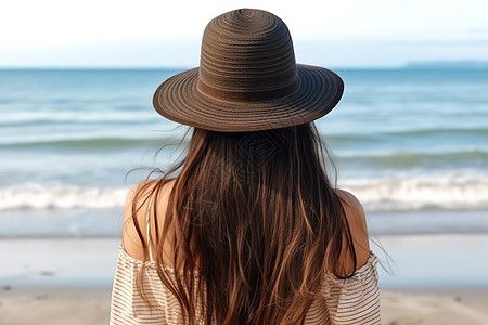 戴着帽子看海滩的美女图片