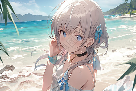 女孩在沙滩穿着泳衣漫画背景图片