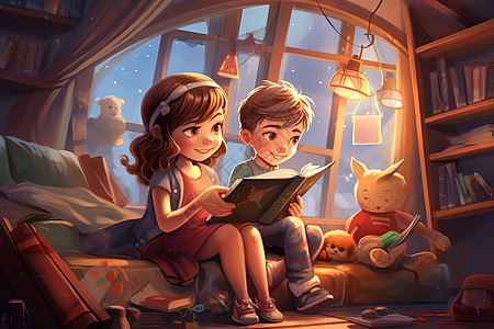 男孩和女孩在客厅里读故事儿童插图图片