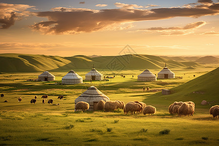 草原上蒙古包绵羊游牧背景图片