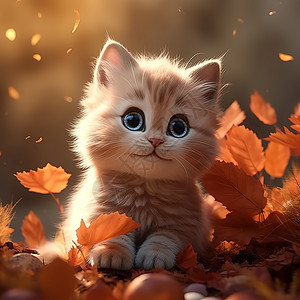 落叶上可爱的小猫图片