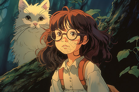 戴着眼镜的女孩旁边一只白猫动漫图片