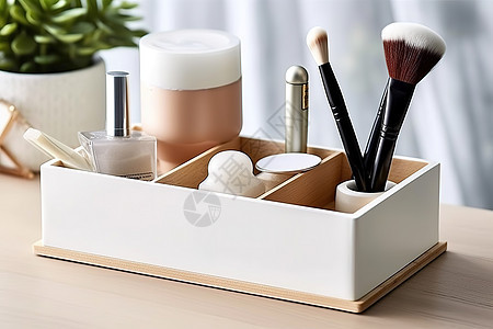 白色木质桌面化妆品收纳盒背景图片
