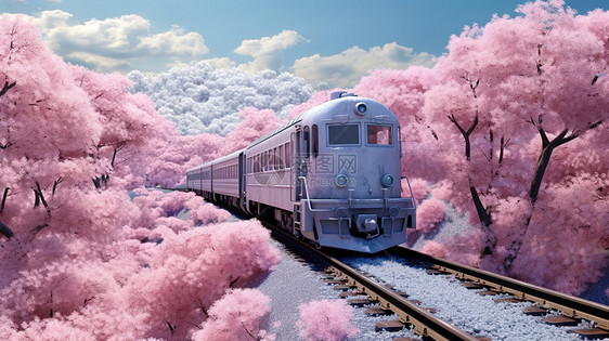 长长的火车经过樱花树林图片
