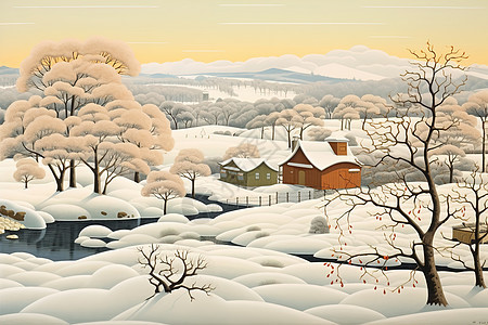 描绘美丽冬天乡村田野的风景画插画图片