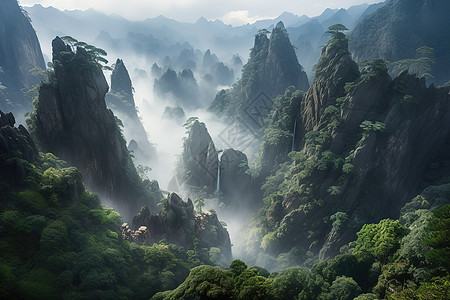中国山水云雾环绕群山雾绕瀑布图片