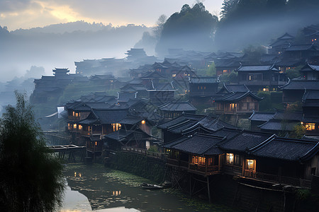 贵州遵义美丽的乌江村苗寨雾仙境背景图片