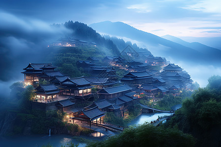 贵州遵义美丽仙境的乌江村苗寨雾背景图片