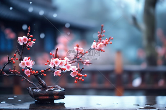 大雪中静静地绽放梅花中国古建筑图片