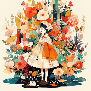 被鲜艳花朵包围的女孩插画图片