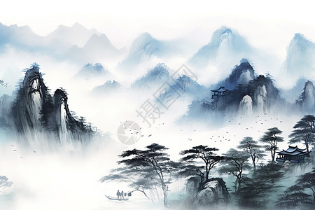泰山的壮丽景色中国传统水墨山水画图片