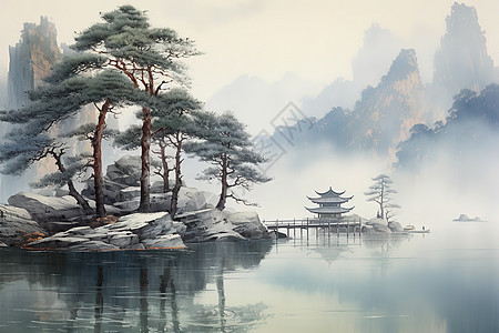 湖泊群山松林古亭精致的水墨画图片