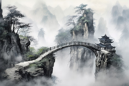 群山苍翠古老石阶小桥水彩画图片