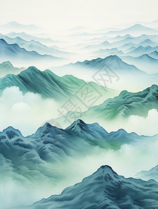 云海山峰中国风水彩画图片