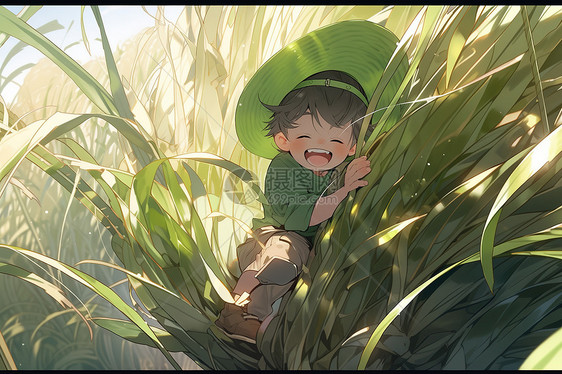 二十四节气小满小男孩躺在巨大的麦秆上图片