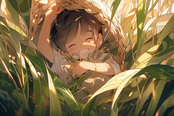 小满小男孩躺在巨大的麦秆上图片