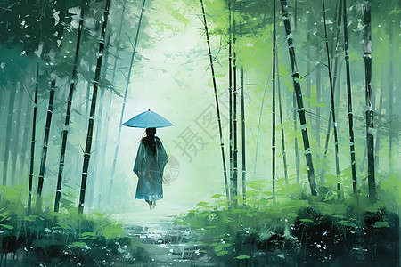 雨天古风武侠穿梭在竹林中插画