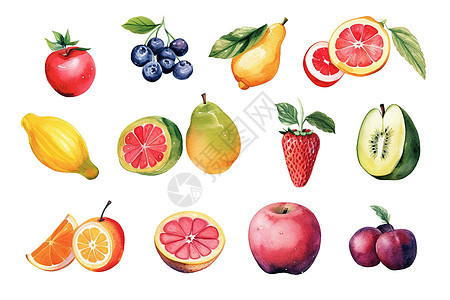 水彩画夏季水果剪贴画白色背景背景图片