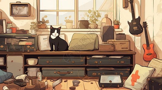 卡通房间里一只猫坐在桌子上图片