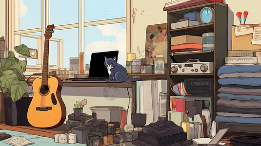 放满杂物的卡通房间里一只猫坐在窗台上图片