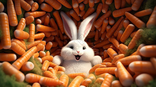 可爱的毛茸茸的立体卡通小白兔在满是胡萝卜洞中图片