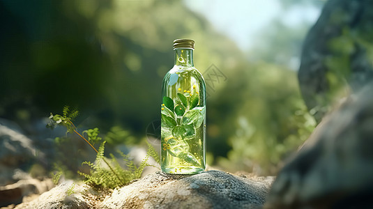 透明玻璃瓶装满绿色植物和水放在岩石上背景图片