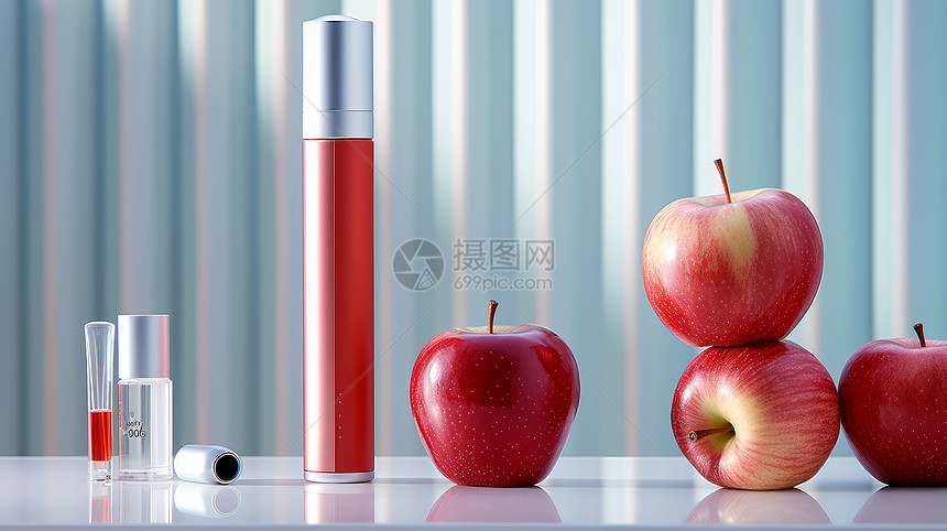 时尚简洁的护肤品套装与红色苹果实拍图片