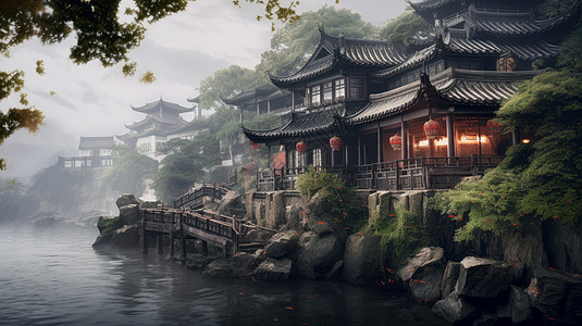 在河边的古风建筑暴风雨来临前图片素材