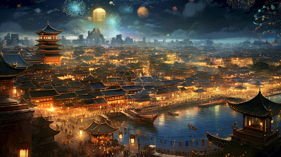 夜晚灯火通明的古风城市欢度节日图片