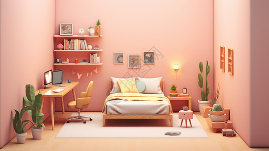 粉色墙面卡通可爱的立体卧室高清图片