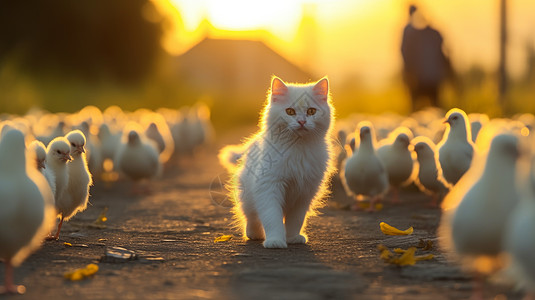 夕阳下走在鸡群中的小白猫图片