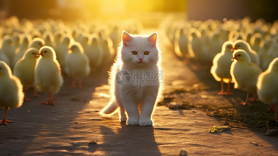 阳光下在鸡群中可爱小白猫图片