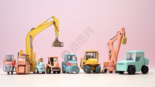 工程车玩具一排可爱的卡通玩具工程车插画