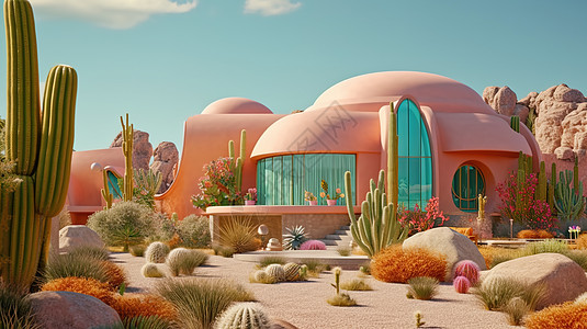 酒店外观效果图沙漠里的可爱度假酒店模型插画
