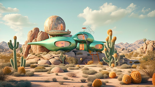 沙漠中的仙人掌与3D酒店模型图片