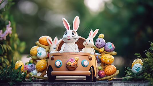 小汽车上的可爱兔子和彩蛋高清图片