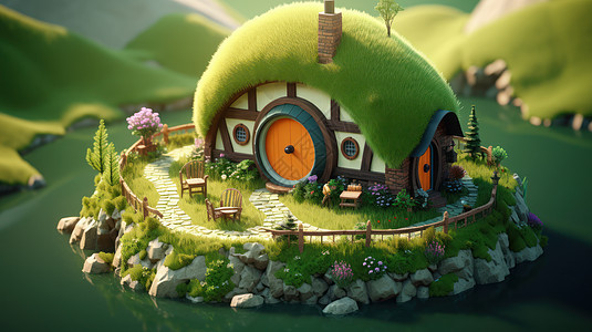 房顶长满绿草的卡通屋在梦幻小岛上图片