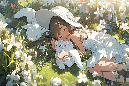 美丽小女孩躺在草地上抱着猫图片