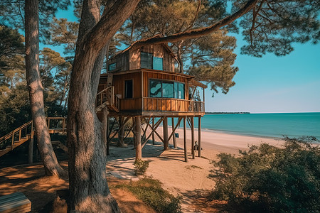 海边度假树屋夏天海边图片