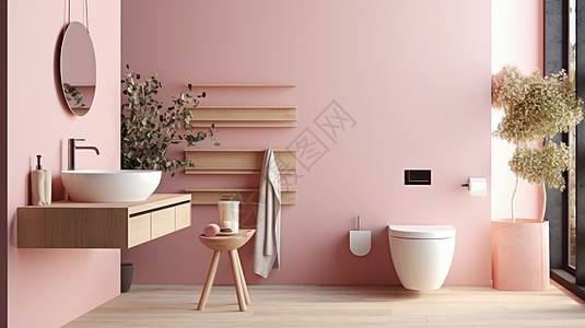 墙面装修淡粉色主题洗漱卫生间装修插画