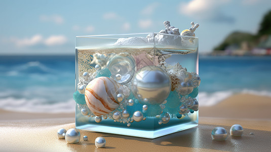 海边沙滩上巨大的珍珠和贝壳贴在透明玻璃缸上图片