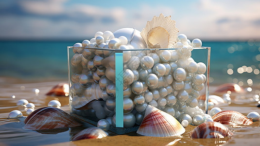 在沙滩上装满珍珠和贝壳的方形透明玻璃缸图片