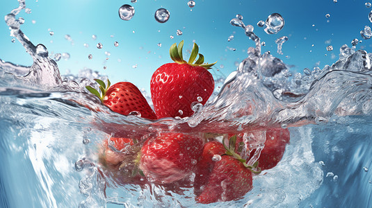 草莓落入水中溅起大的水花背景图片