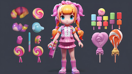 手拿糖果的粉色头发立体卡通女孩IP图片