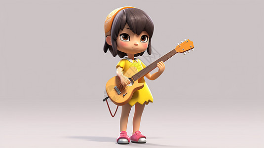 飞的子弹穿黄色裙子弹吉他的卡通立体女孩IP插画