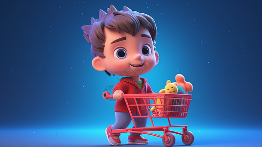儿童节促销可爱的卡通立体小男孩推着红色购物车插画