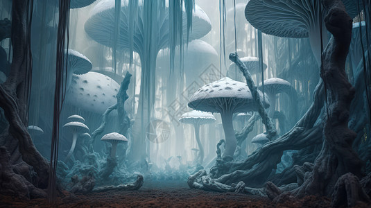 科幻蓝白色巨型蘑菇森林图片