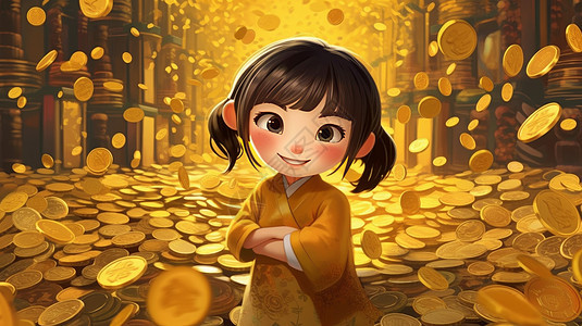 可爱卡通女孩站在满是金币的金库中开心笑图片